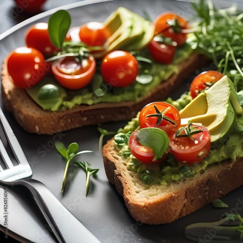 Plate of fresh avocado toast with cherry tomatoes and microgreens1