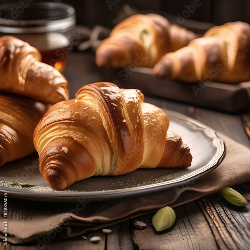 Plate of freshly baked croissants on a rustic wooden table2 photo