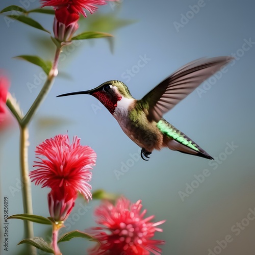 Close up of a hummingbird hovering near a red flower3
