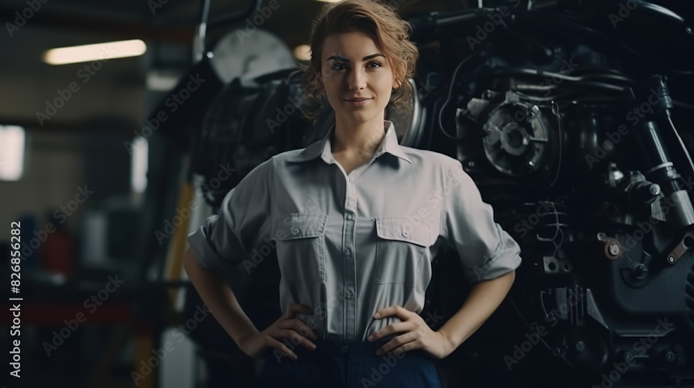 young beautiful woman auto mechanic in work clothes