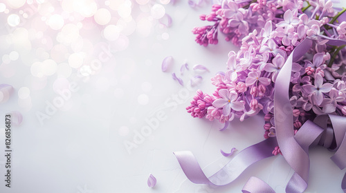 Purple Ribbon and Lilac on a white background with bokeh