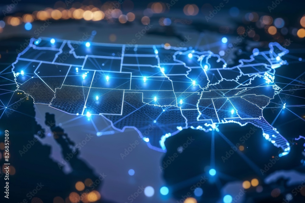 Digital map of america network connectivity created with generative ai Digital map of america network connectivity created with generative ai