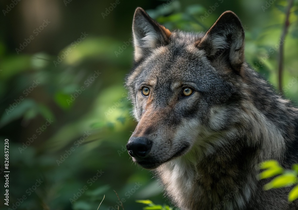 A wolf with alert eyes stands amidst green foliage in a forest setting.
