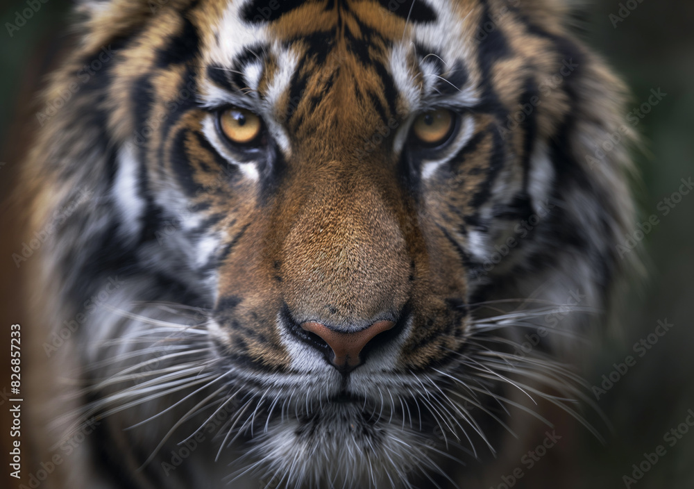 Naklejka premium A close-up of a tiger's face with intense, piercing eyes and detailed fur patterns. 