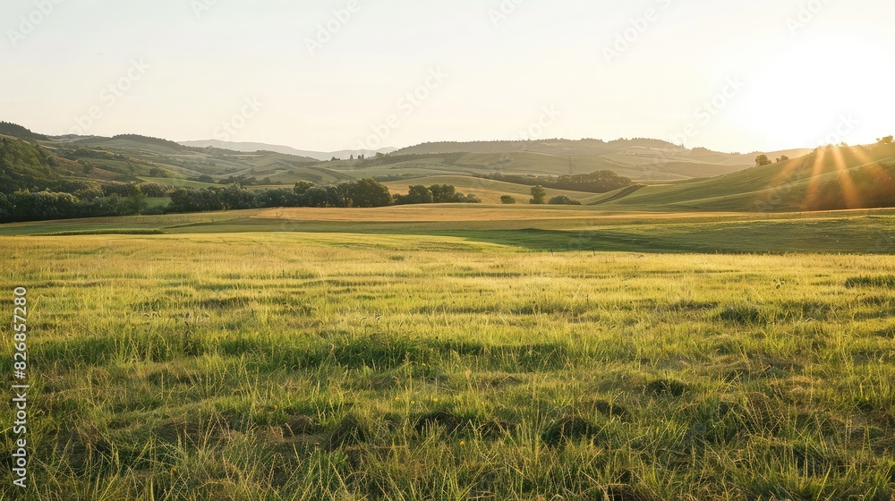 Obraz premium A field of grass with a backdrop of rolling hills and distant trees under a clear sky
