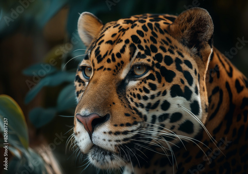 A jaguar with piercing eyes is partially concealed by surrounding lush green leaves. 