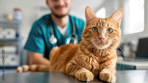 Red furred cat being examined by a male veterinarian in a veterinary clinic photo