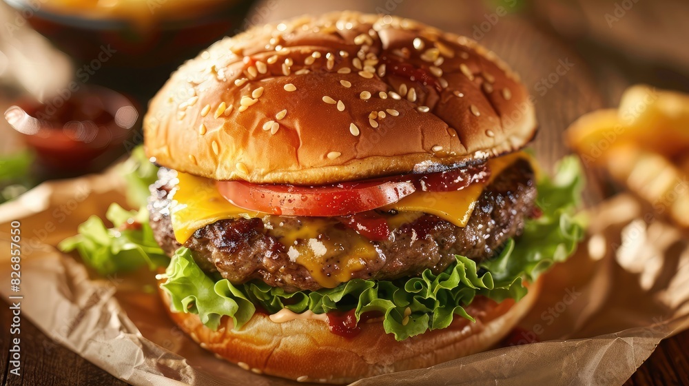 A mouthwatering burger loaded with juicy beef patty, fresh lettuce, and melted cheese A mouthwatering burger loaded with juicy beef patty, fresh lettuce, and melted cheese