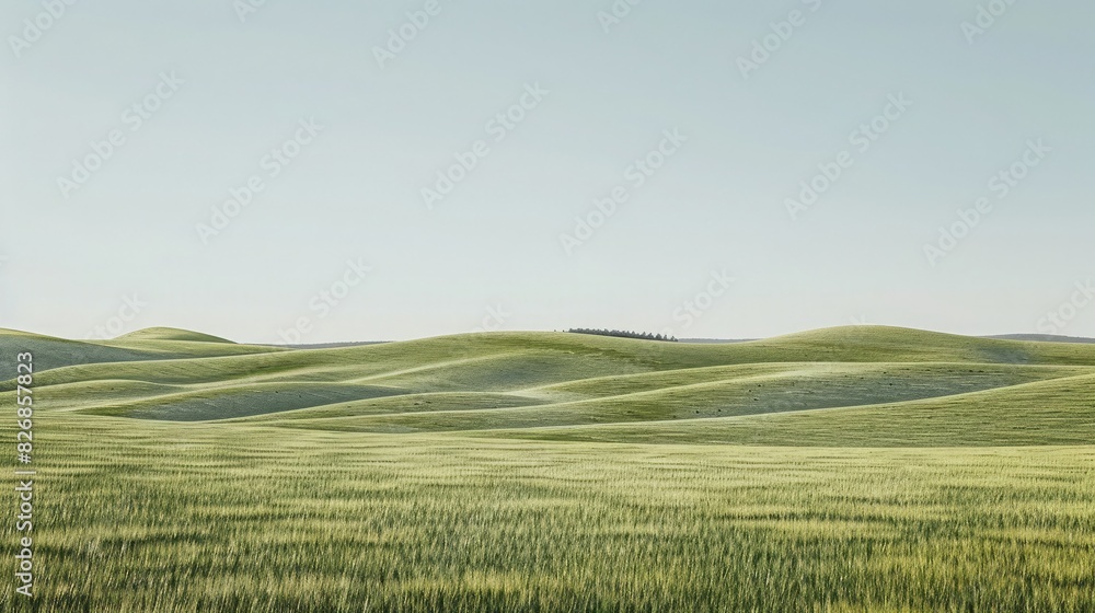 Obraz premium A field of grass with a backdrop of rolling hills and distant trees under a clear sky