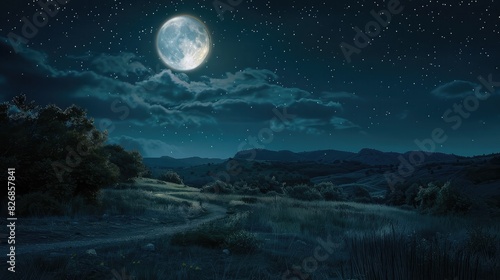 A night sky illuminated by a full moon, casting a gentle glow over the landscape