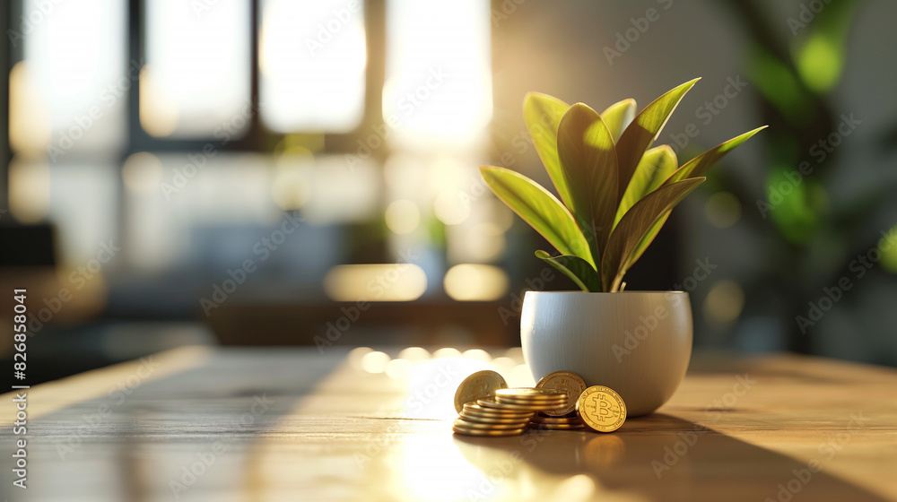 a small plant and some gold coins on the table in modern office, long term ever green business investment concept a small plant and some gold coins on the table in modern office, long term ever green business investment concept