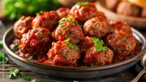 A plate of delicious meatballs smothered in rich tomato sauce, perfect for pasta or sandwiches