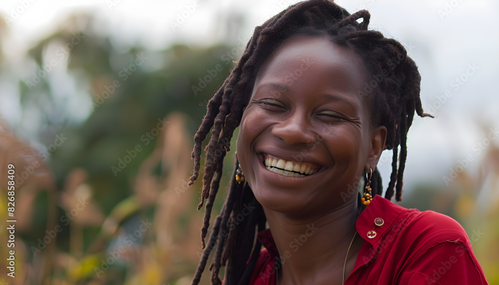 A smiling woman with dreadlocks wearing a red shirt, expressing confidence and joy. Suitable for lifestyle blogs, diversity campaigns, and fashion advertisements. A smiling woman with dreadlocks wearing a red shirt, expressing confidence and joy. Suitable for lifestyle blogs, diversity campaigns, and fashion advertisements.