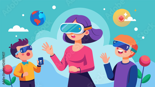 A young child excitedly showing their parents how they can operate a virtual reality headset navigating through different worlds with impressive. Vector illustration