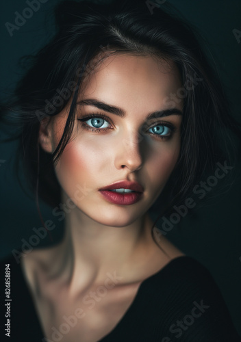 Wallpaper Mural A close-up portrait of a young woman with striking blue eyes, dark hair, and bold red lips, exuding a captivating and elegant presence.
 Torontodigital.ca