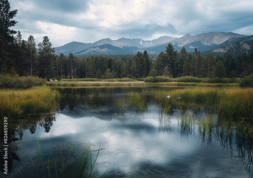 A reflective lake is surrounded by tall grasses and dense pine forests with mountains in the background under a cloudy sky. 
