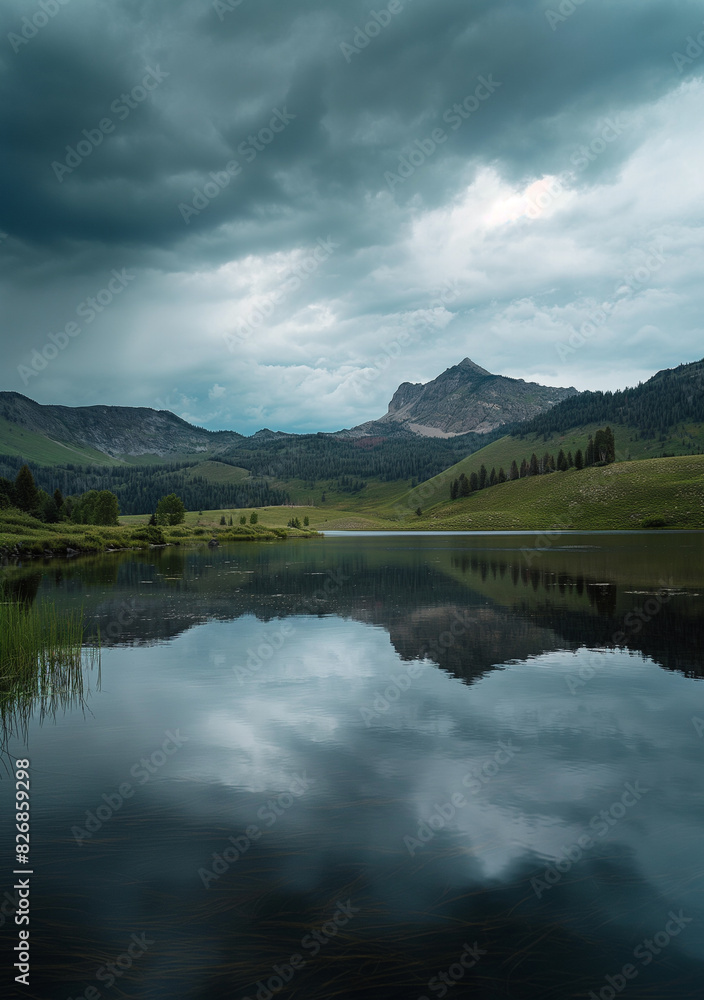 A calm lake reflecting a mountainous landscape under a cloudy sky.
