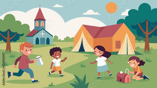 Children ran freely on the church grounds playing games and making new friends while parents set up their sleeping bags for an unforgettable overnight. Vector illustration