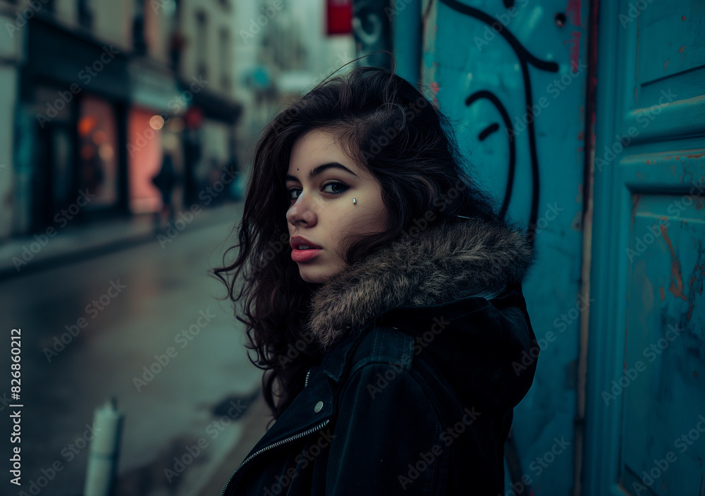 A young woman with a lip piercing and fur-collared jacket stands in an urban alley with graffiti-covered walls.
A young woman with a lip piercing and fur-collared jacket stands in an urban alley with graffiti-covered walls.