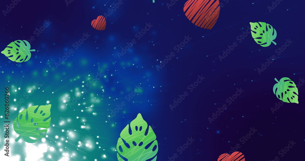 Fototapeta premium Colorful leaves floating in starry, glowing space