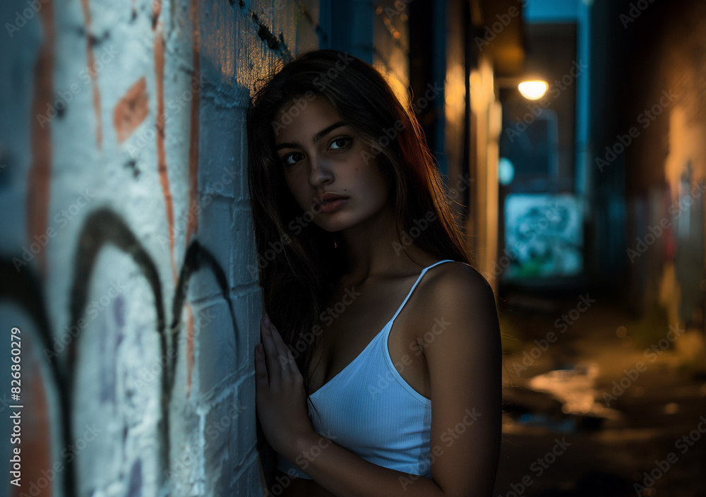 Naklejka premium A young woman in a white tank top leans against a graffiti-covered wall in a dimly lit alleyway. 