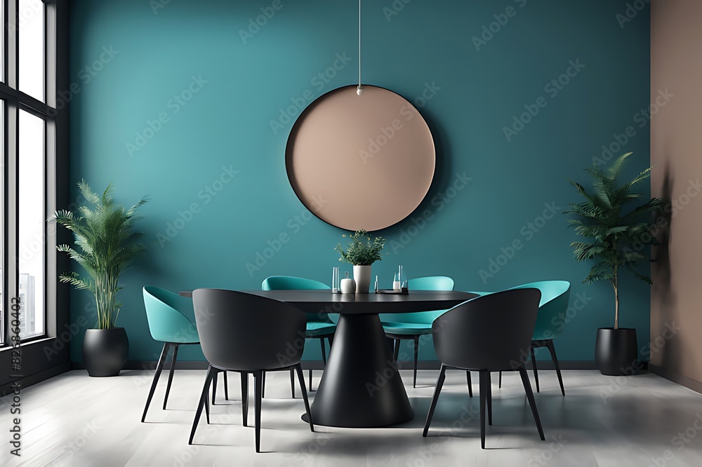 Meeting Area or Dining Room with Large Black Round Table and Teal Cyan Chairs. Empty Wall with Turquoise Azure Paint Color Accent. Modern Kitchen Interior for Home or Cafe. Art Mockup. 3D Render. Meeting Area or Dining Room with Large Black Round Table and Teal Cyan Chairs. Empty Wall with Turquoise Azure Paint Color Accent. Modern Kitchen Interior for Home or Cafe. Art Mockup. 3D Render.