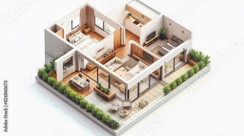 Isometric view of a house Floor plan, home interior isolated on white background