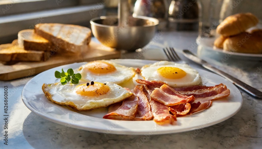 Sunny side up eggs with slices of bacon and slices of toast on a white plate in a kitchen
Sunny side up eggs with slices of bacon and slices of toast on a white plate in a kitchen