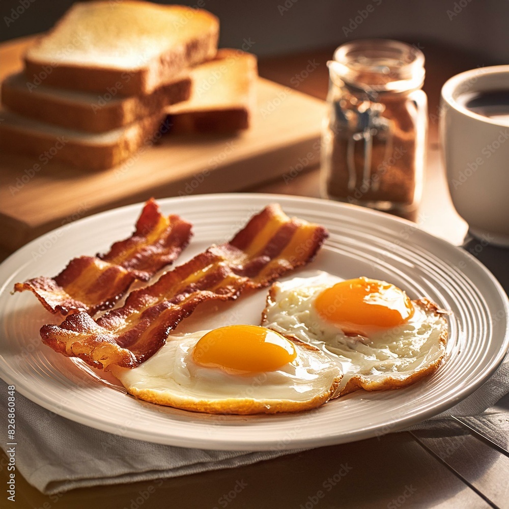 Sunny side up eggs with slices of bacon and slices of toast on a white plate in a kitchen
Sunny side up eggs with slices of bacon and slices of toast on a white plate in a kitchen