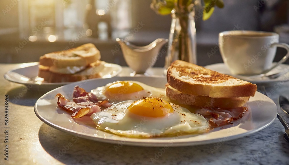 Sunny side up eggs with slices of bacon and slices of toast on a white plate in a kitchen
Sunny side up eggs with slices of bacon and slices of toast on a white plate in a kitchen