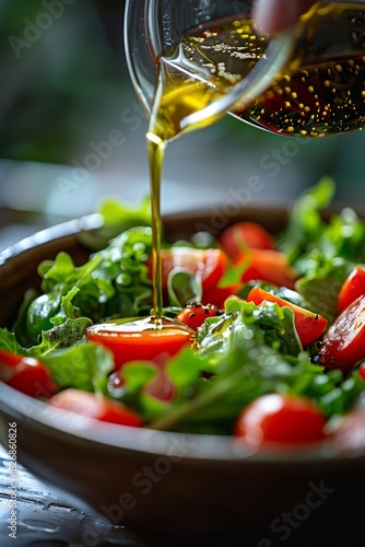 Pouring Olive Oil on Fresh Salad with Tomatoes and Greens in Bowl photo