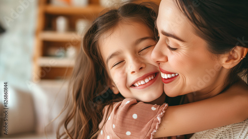 beautiful mother kissing daughter on cheek at home