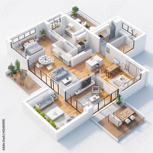 Isometric view of a house Floor plan, home interior isolated on white background