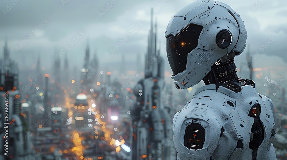 cybernetic alien with integrated AI on a metallic planet with sprawling cities and advanced machinery