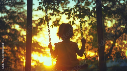 A young child enjoys a swing during a picturesque sunset in a serene outdoor setting, capturing a moment of childhood joy and natural beauty.