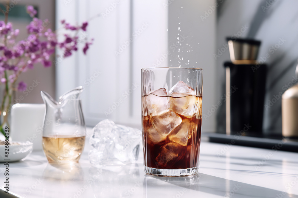 Glass of iced coffee on a marble countertop, with a modern coffee machine and delicate purple flowers in the background, creating a refreshing and stylish scene Glass of iced coffee on a marble countertop, with a modern coffee machine and delicate purple flowers in the background, creating a refreshing and stylish scene