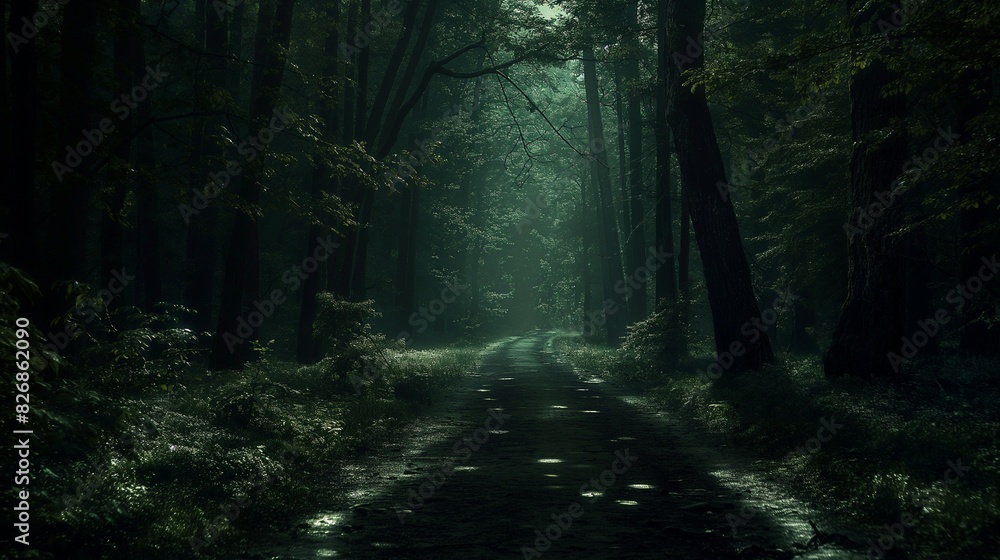 A dark forest road with the path dimly lit by scattered patches of moonlight breaking through the canopy, creating an eerie atmosphere 32k, full ultra hd, high resolution