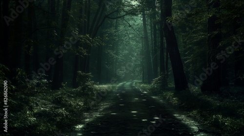 A dark forest road with the path dimly lit by scattered patches of moonlight breaking through the canopy  creating an eerie atmosphere 32k  full ultra hd  high resolution