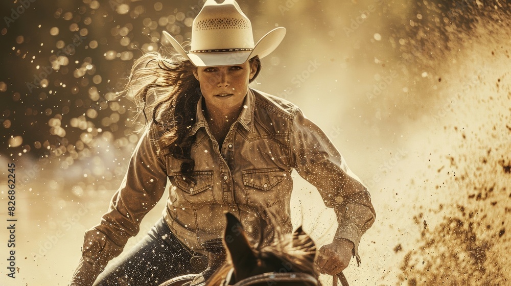 A faded photograph of a female rodeo star breaking barriers and proving that women could excel in a maledominated sport. A faded photograph of a female rodeo star breaking barriers and proving that women could excel in a maledominated sport.