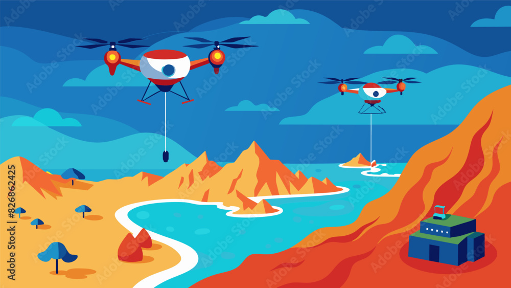 Obraz premium Hightech drones equipped with advanced sensors and cameras fly over a vast coastal region collecting data and images to aid in the geological survey. Vector illustration