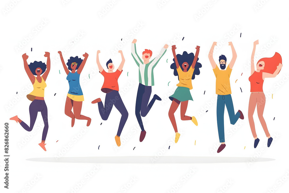 People of different ages and races jumping with joy in a minimalistic style with simple flat vector designs on a white background People of different ages and races jumping with joy in a minimalistic style with simple flat vector designs on a white background