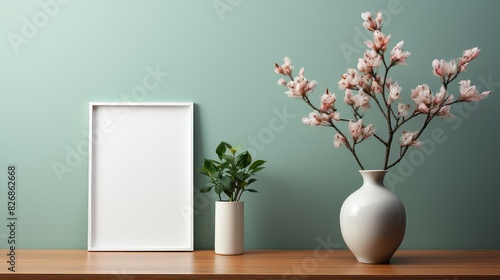 Blank wooden picture frame mockup in minimalistic room