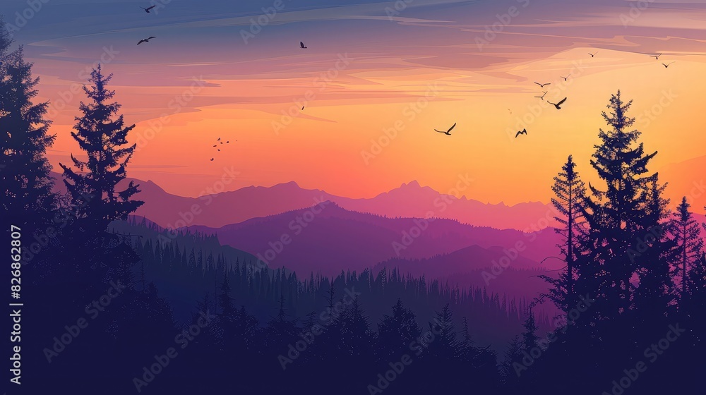 An evening sky with silhouettes of birds flying home, creating a peaceful and reflective mood An evening sky with silhouettes of birds flying home, creating a peaceful and reflective mood