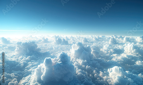 Create a tranquil scene captured from the side window of an airplane, where the horizon splits a clear sky and a soft bed of clouds, symbolizing the calmness and isolation of flight, Generate AI photo