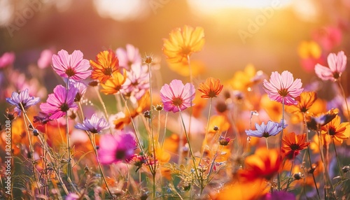 beautiful field of colorful cosmos flower in a meadow in nature in the rays of sunlight in summer in the spring close up of a macro a picturesque colorful artistic image with a soft focus © Roland