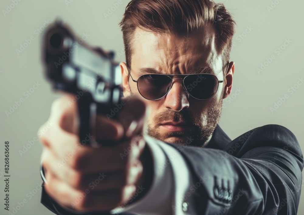 Serious Undercover Agent Pointing Gun with Intensity and Focus