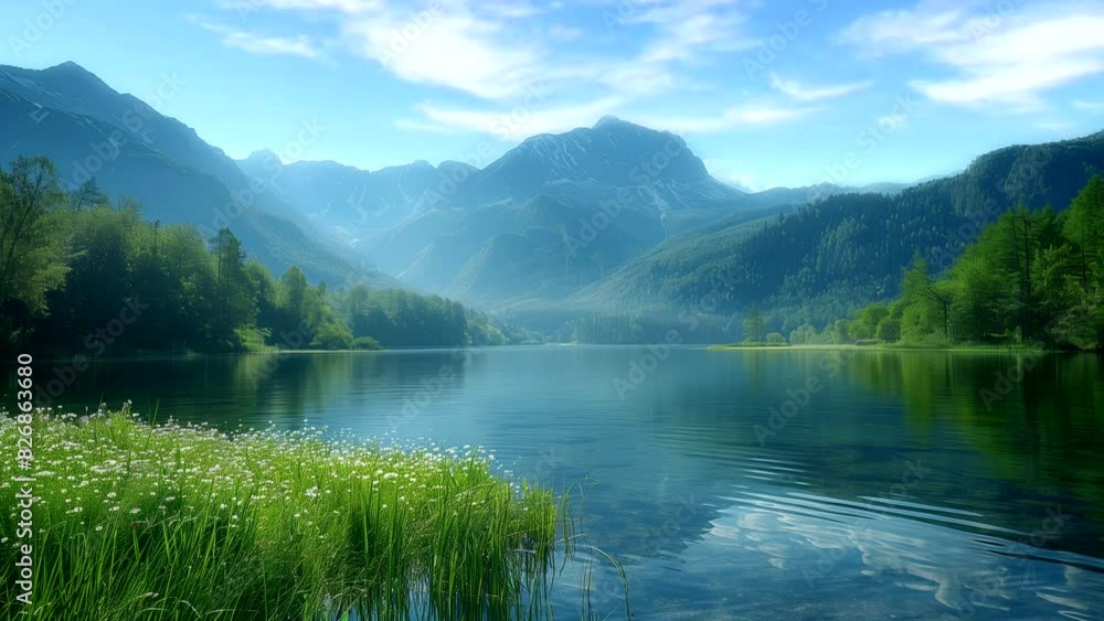 Tranquil lake with green grass and trees, and mountain scenery in summer under a blue sky. Looping time-lapse video. Tranquil lake with green grass and trees, and mountain scenery in summer under a blue sky. Looping time-lapse video.
