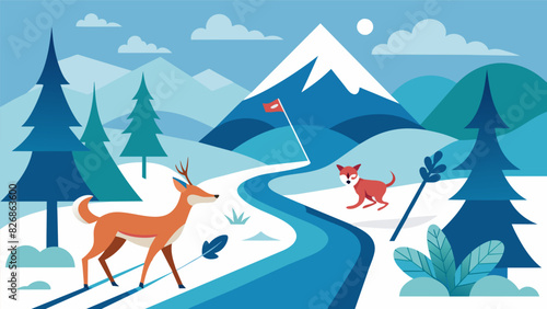 Encounter a variety of wildlife from graceful deer to playful snow foxes as you explore the virtual crosscountry ski trails.. Vector illustration photo