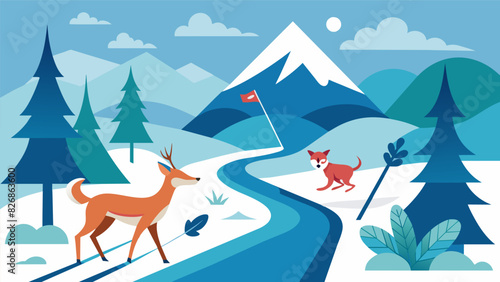 Encounter a variety of wildlife from graceful deer to playful snow foxes as you explore the virtual crosscountry ski trails.. Vector illustration