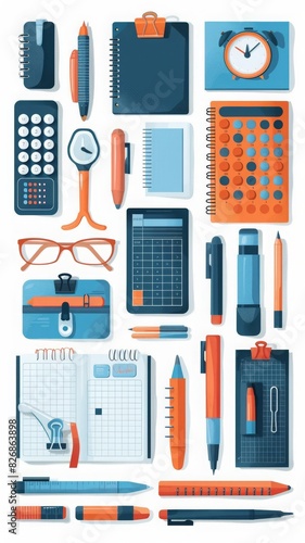 Assorted office supplies including pens, notebooks, clocks, and calculators arranged neatly on a white background.